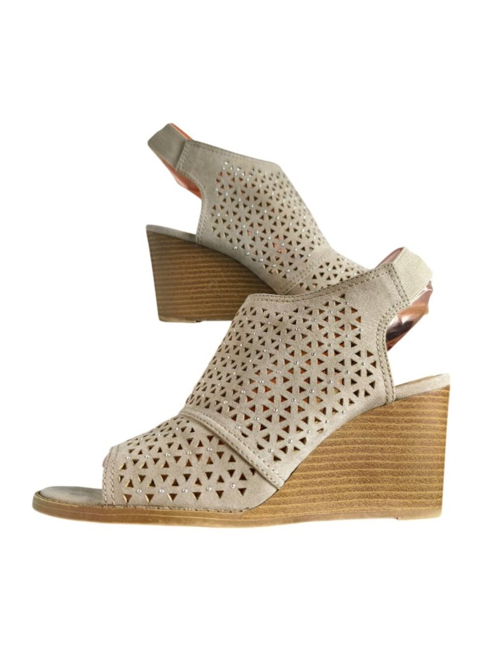 So Womens 9 Wedge Sandals Beige Studded Perforated Slingback Peep Toe 3" Heel